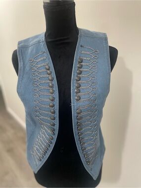 Free People Light Blue Denim Vest with Leather Logo Tab